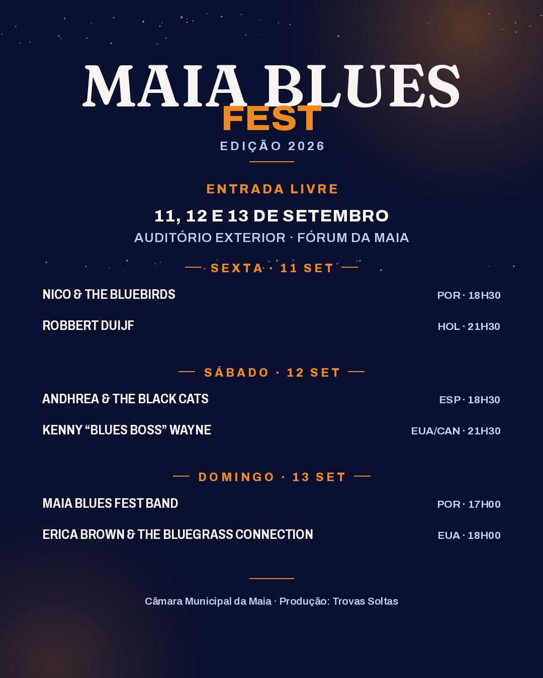 Cartaz do Maia Blues Fest 2026, tipografia MAIA BLUES FEST a branco e laranja sobre fundo azul