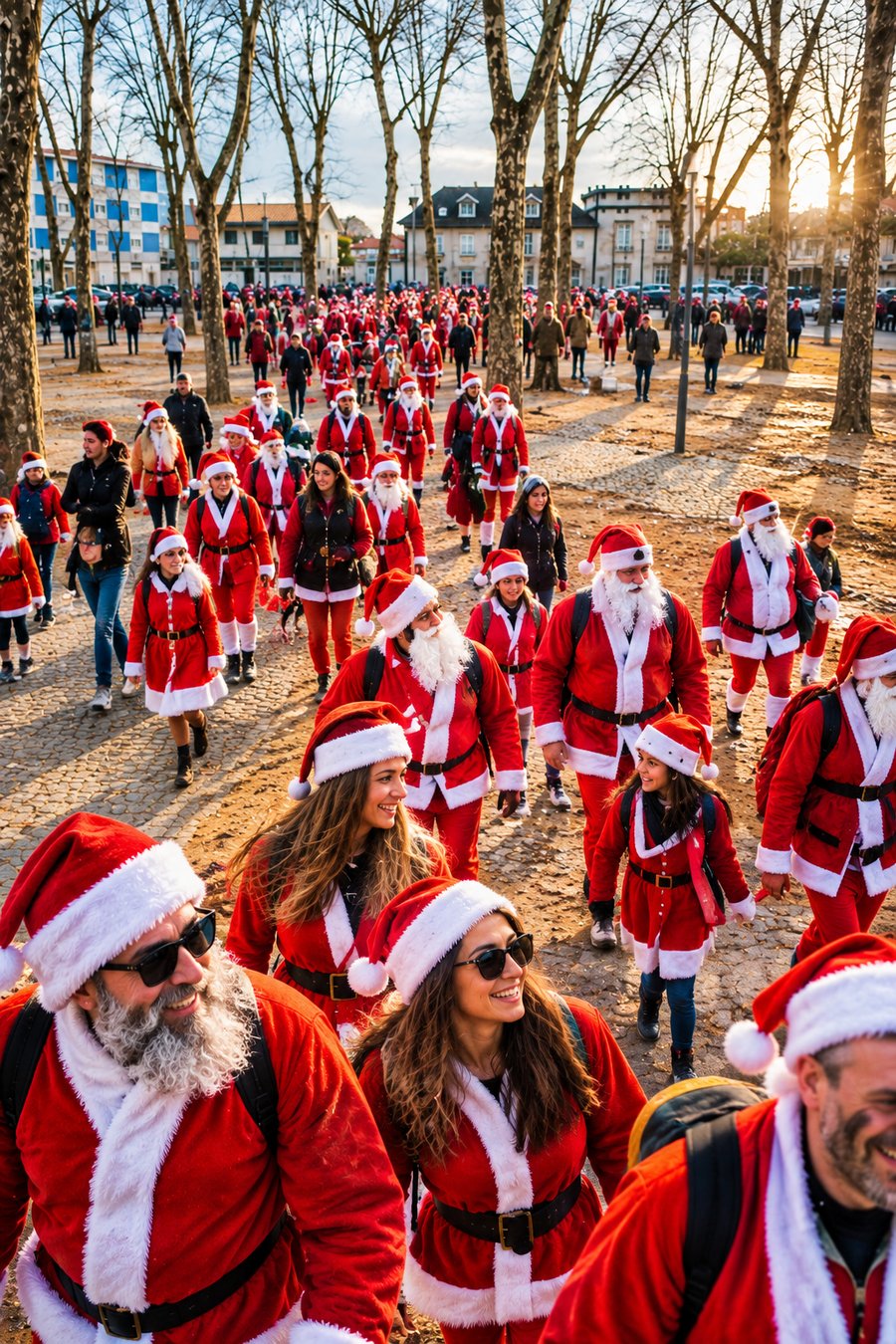 Dezenas de pessoas vestidas de Pai Natal a caminhar num largo com árvores, ao fim da tarde (imagem ilustrativa)