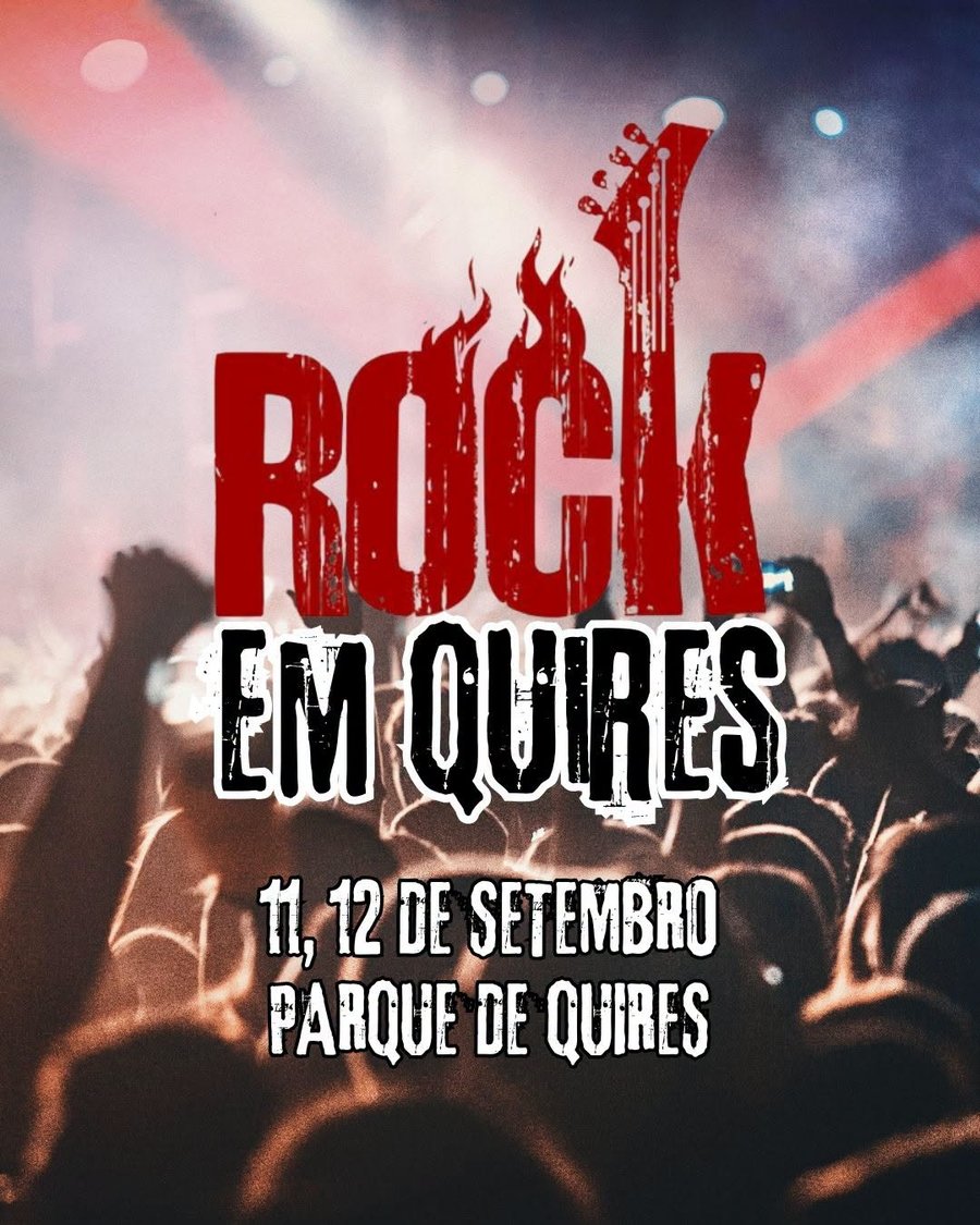 Cartaz do Rock em Quires 2026, com silhuetas de uma multidão de braço no ar e uma guitarra vermelha