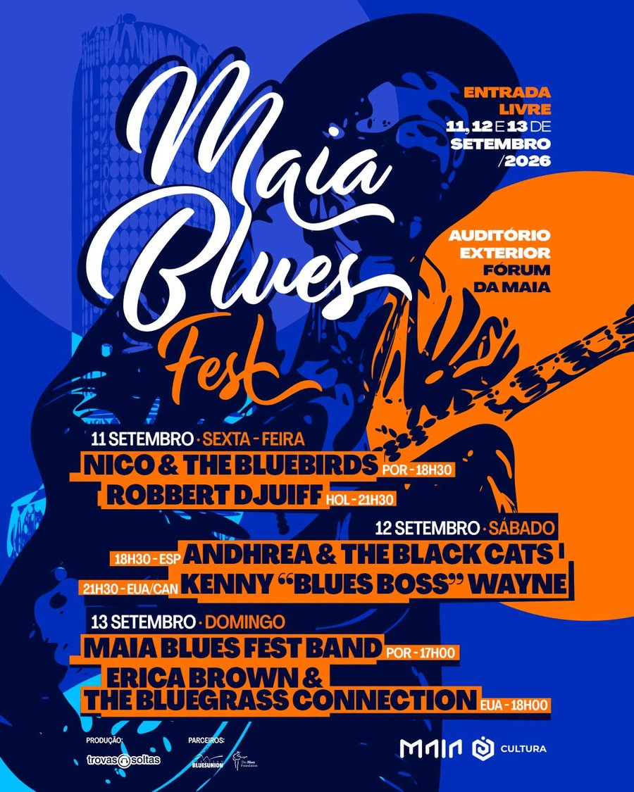Cartaz oficial do Maia Blues Fest 2026, com o logótipo em letras cursivas brancas e laranja sobre fundo azul, silhueta de um músico com guitarra e o programa dos três dias