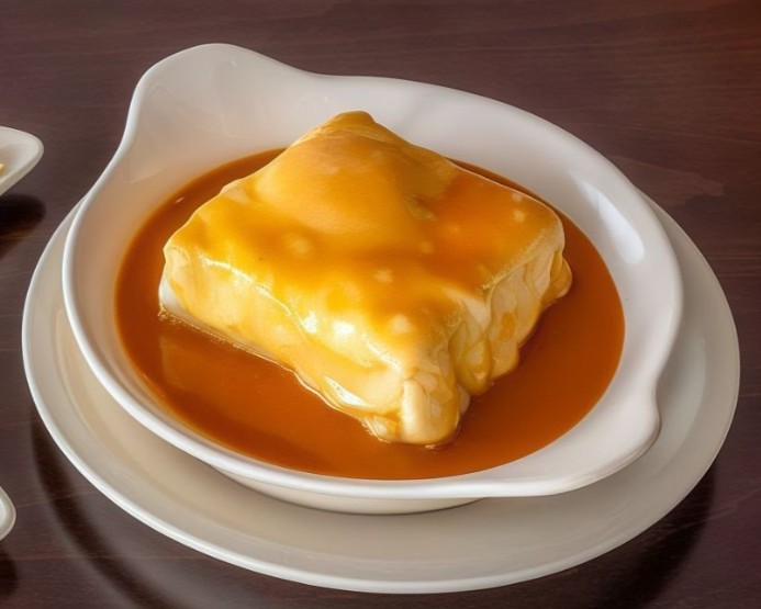 Francesinha com molho e queijo derretido, servida na Cervejaria Stone