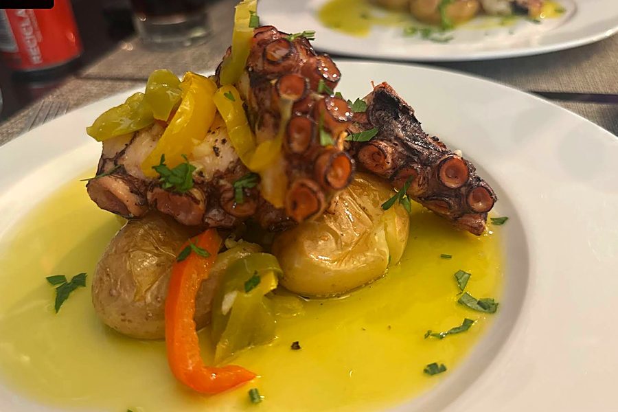 Polvo assado com batata a murro, pimentos e azeite, servido em prato branco no restaurante Tomar de Sal, em Pedras Rubras