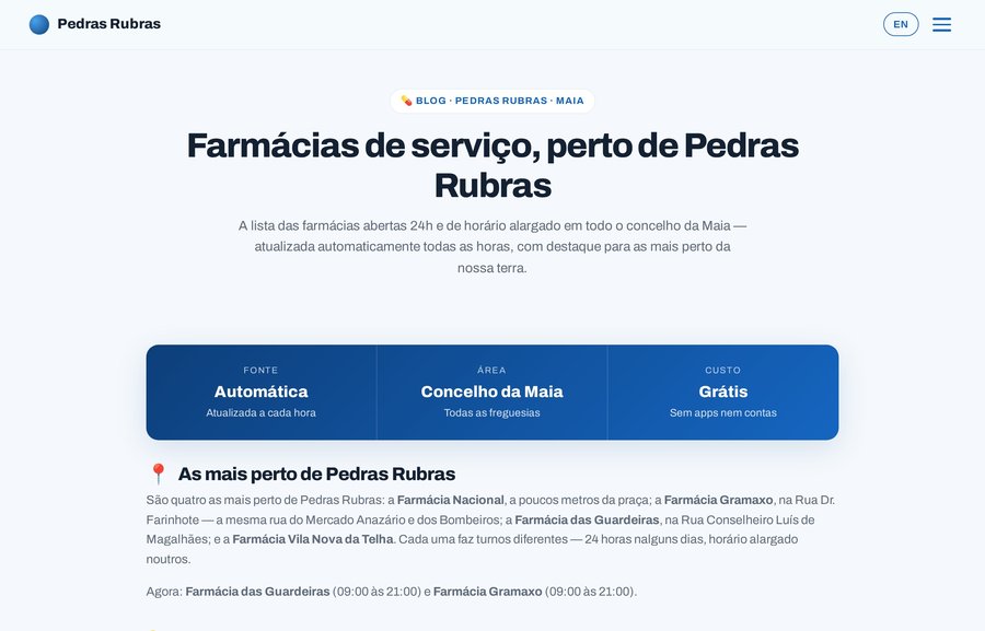 Página de farmácias de serviço perto de Pedras Rubras, dados atualizados a cada hora