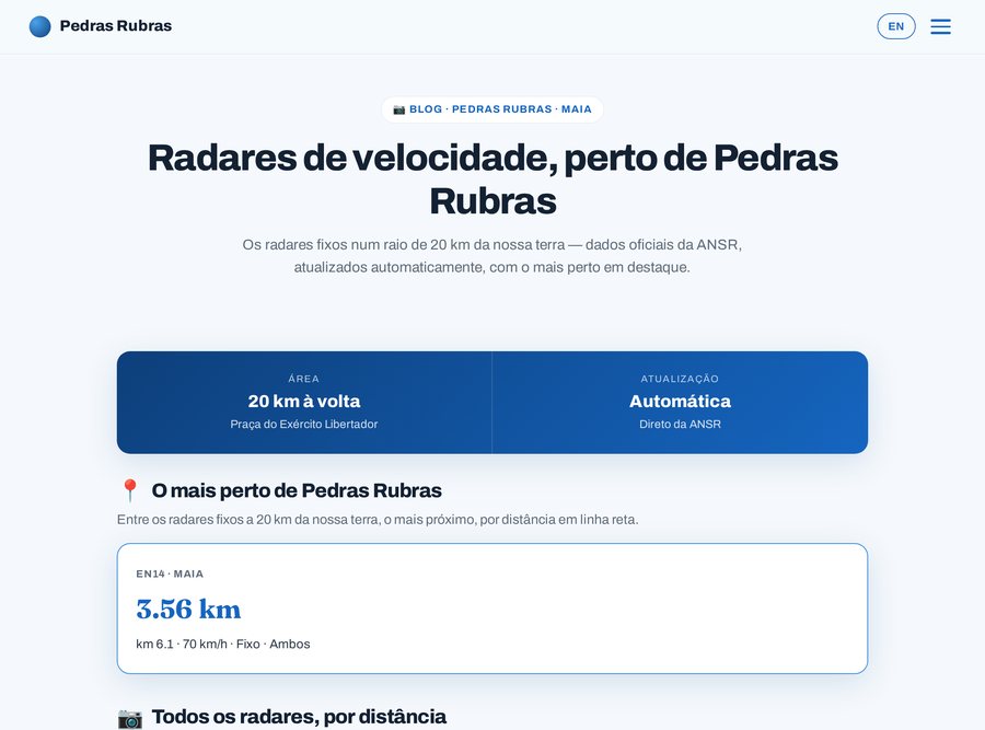 Página dos radares de velocidade perto de Pedras Rubras, dados oficiais da ANSR
