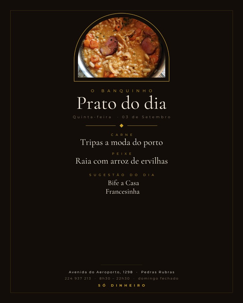 Flyer do prato do dia do restaurante O Banquinho