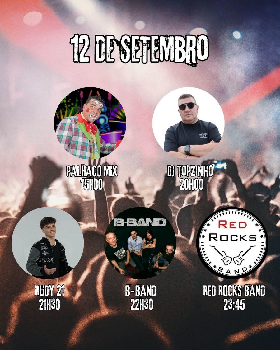 Cartaz do dia 12 de setembro: Palhaço Mix às 15h00, DJ Topzinho às 20h00, Rudy 21 às 21h30, B-Band às 22h30, Red Rocks Band às 23h45