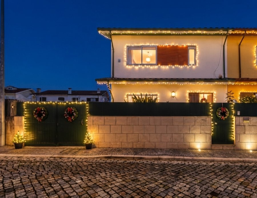 Casa em Pedras Rubras ricamente decorada com luzes de Natal na fachada, no jardim e nas janelas