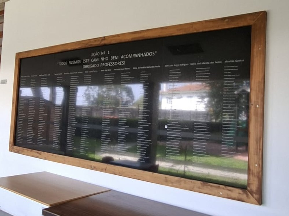 Quadro emoldurado 'Lição Nº 1 — Todos fizemos este caminho bem acompanhados. Obrigado professores!' com as colunas de nomes dos antigos alunos da escola