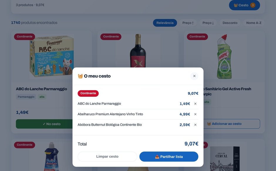 A app O Cesto a mostrar produtos da Continente com fotos reais e o carrinho aberto, com três produtos e o total